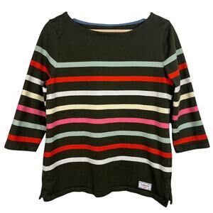 Talbots Women's Size Medium 3/4 Sleeve Boat Neck Olive Green Striped Cotton Top